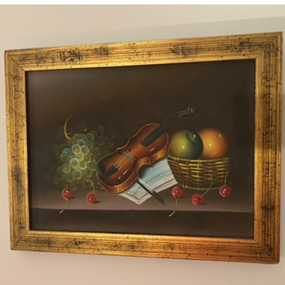 Original Signed Oil on Canvas Baroque Still Life Violin & Fruit Art